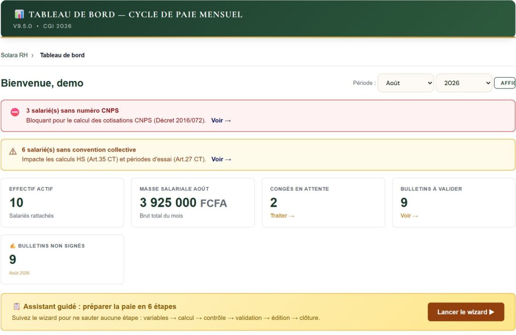 Tableau de bord Solara RH du cycle de paie mensuel : alertes CNPS, effectif, masse salariale, bulletins à valider