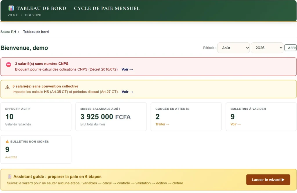 Tableau de bord Solara RH du cycle de paie mensuel : alertes CNPS, effectif, masse salariale, bulletins à valider