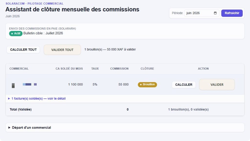Assistant de clôture mensuelle des commissions SolaraCom avec envoi en paie vers Solara RH (nom du commercial masqué)
