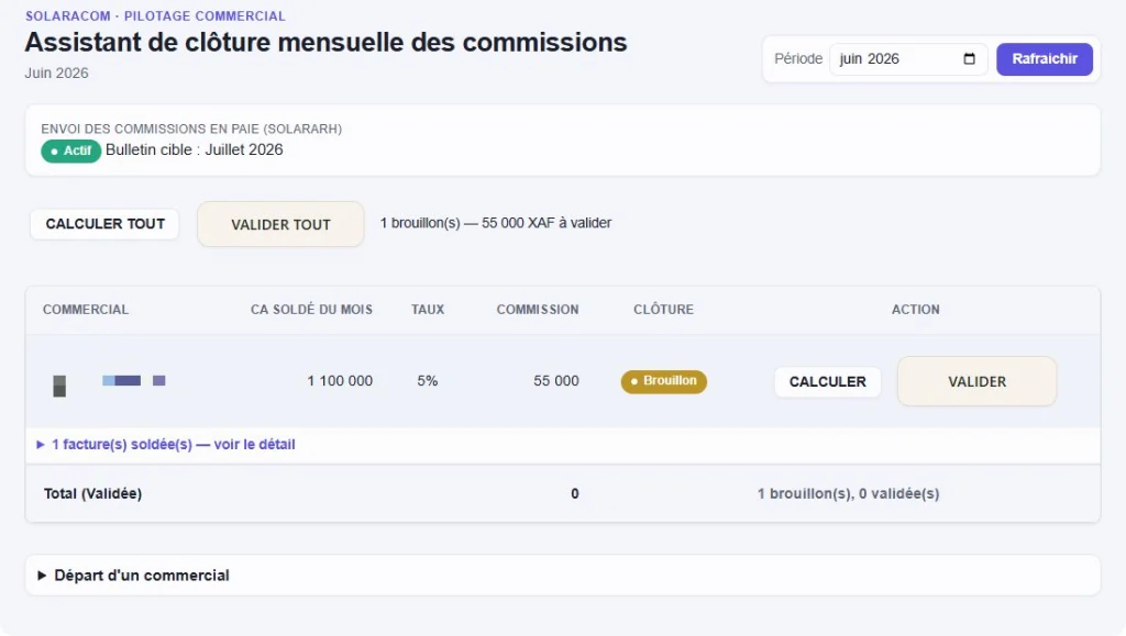 Assistant de clôture mensuelle des commissions SolaraCom avec envoi en paie vers Solara RH (nom du commercial masqué)